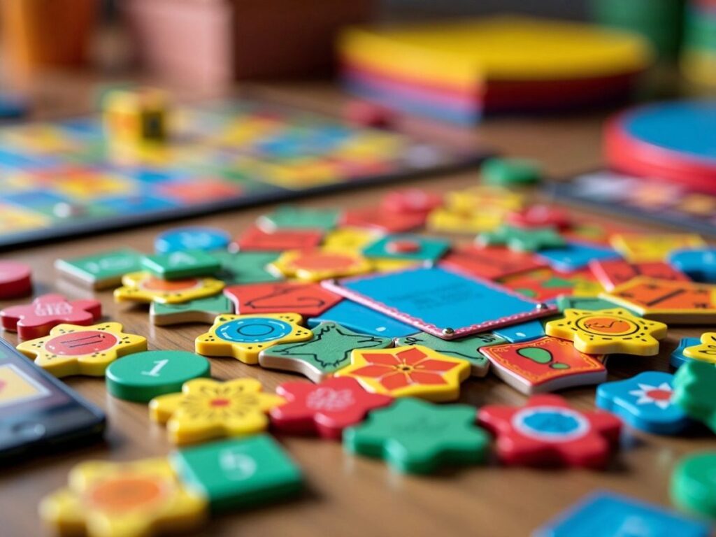 Mesa com jogos de tabuleiro e peças coloridas.