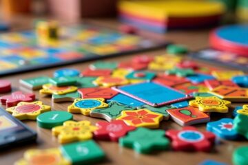 Mesa com jogos de tabuleiro e peças coloridas.