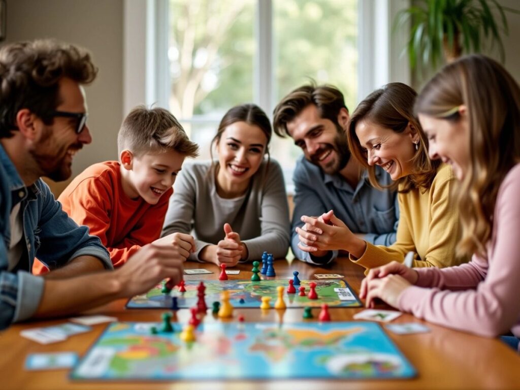 Família jogando um jogo de tabuleiro animadamente.