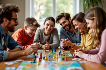 Família jogando um jogo de tabuleiro animadamente.