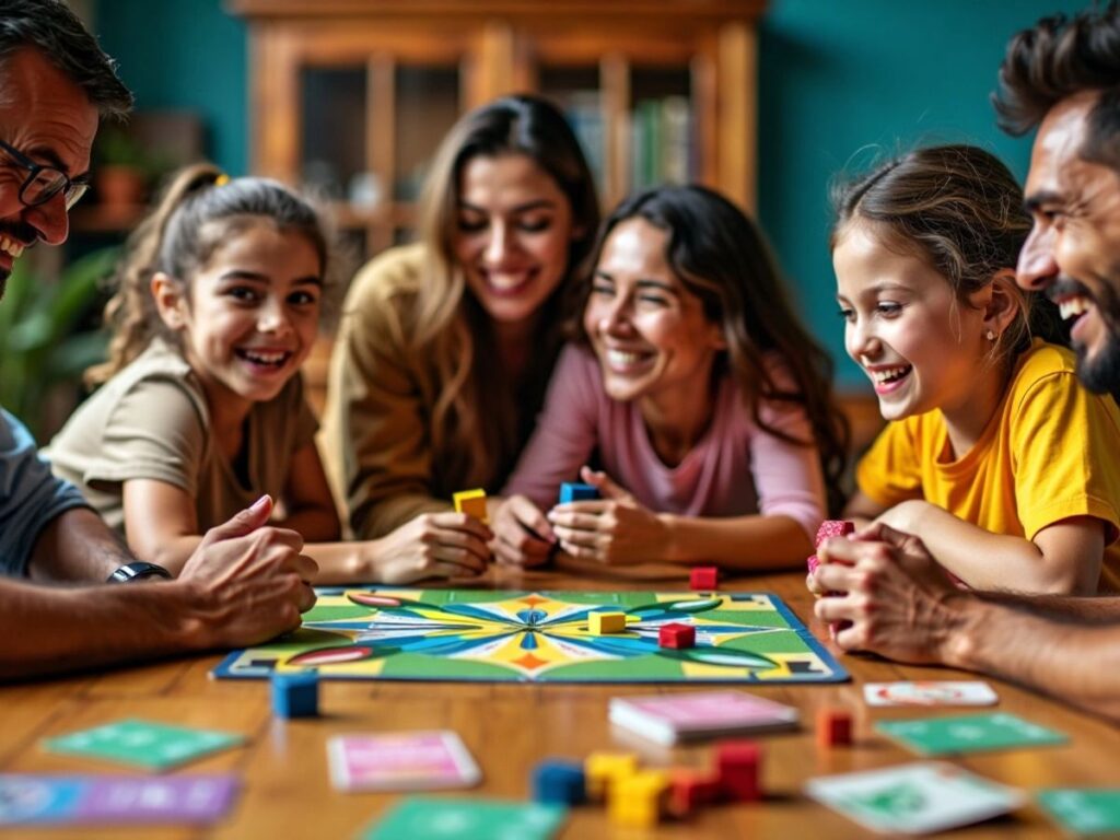 Família jogando jogos de tabuleiro brasileiros juntos.