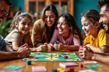 Família jogando jogos de tabuleiro brasileiros juntos.