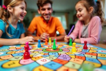 Crianças jogando um jogo de tabuleiro educativo.