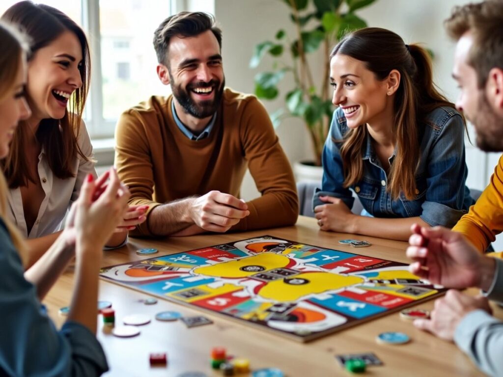 Amigos jogando um jogo de tabuleiro animadamente.