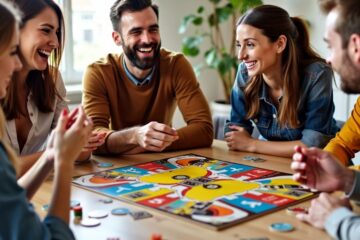 Amigos jogando um jogo de tabuleiro animadamente.