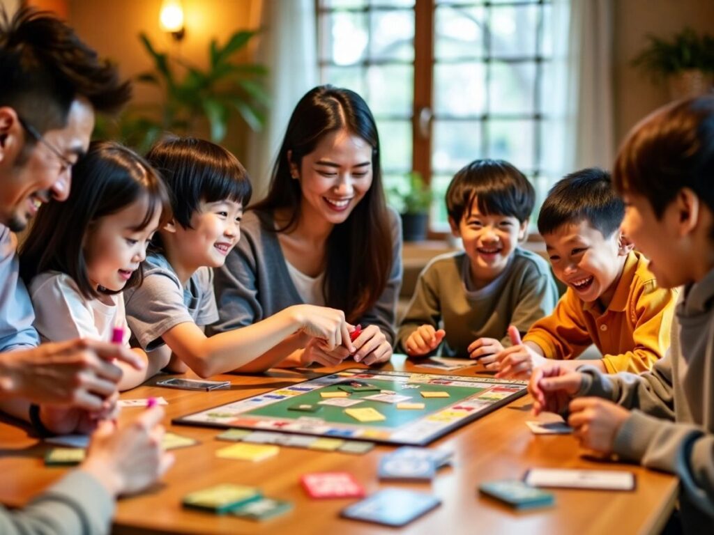 Família jogando jogos de tabuleiro japoneses juntos.