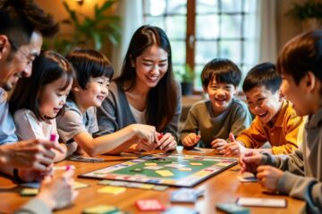 Família jogando jogos de tabuleiro japoneses juntos.