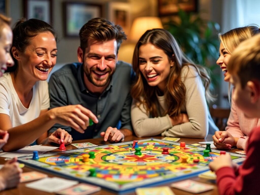 Família jogando um jogo de tabuleiro juntos.