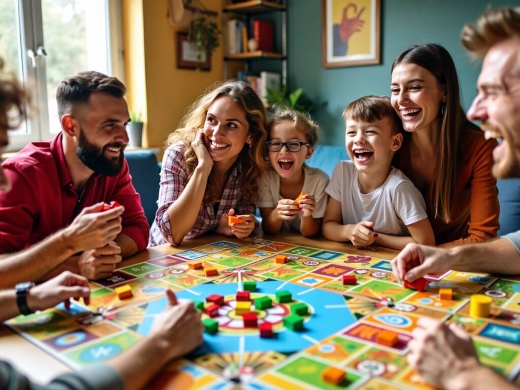 Família jogando jogos de tabuleiro juntos.