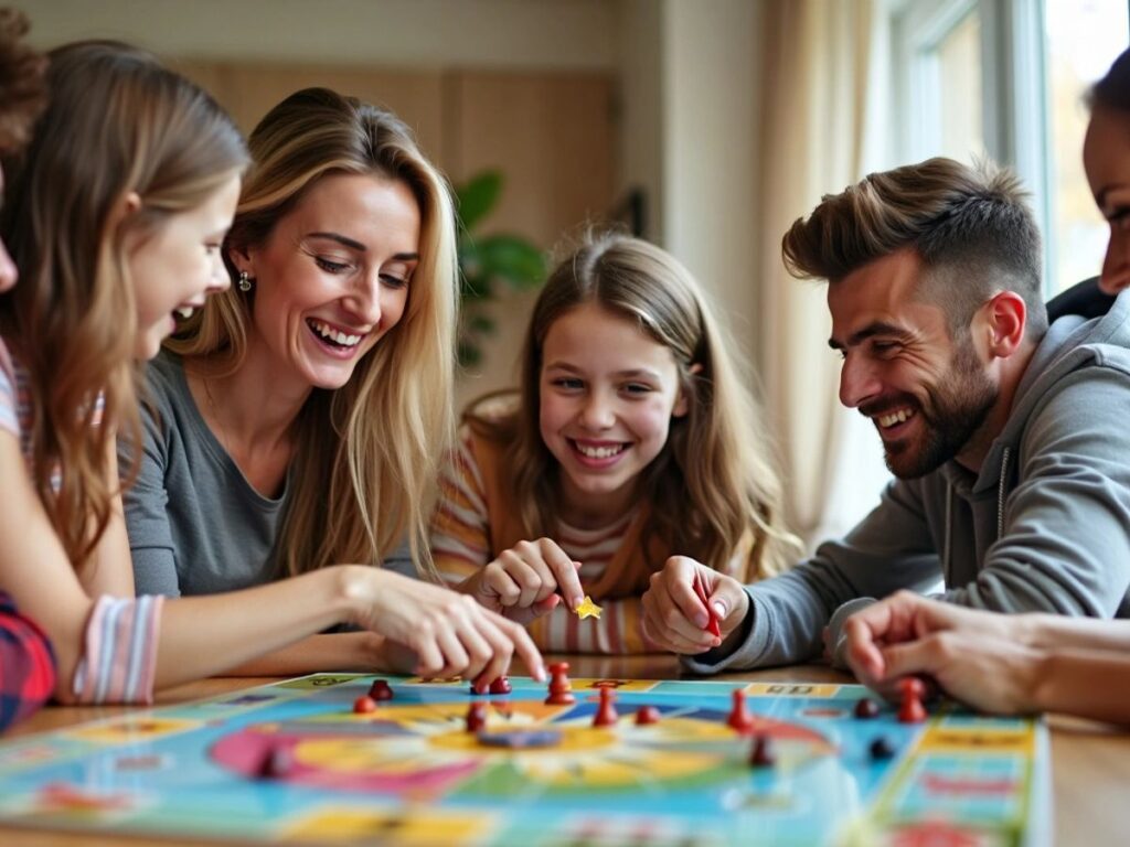 Família jogando jogo de tabuleiro animadamente.