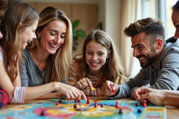 Família jogando jogo de tabuleiro animadamente.