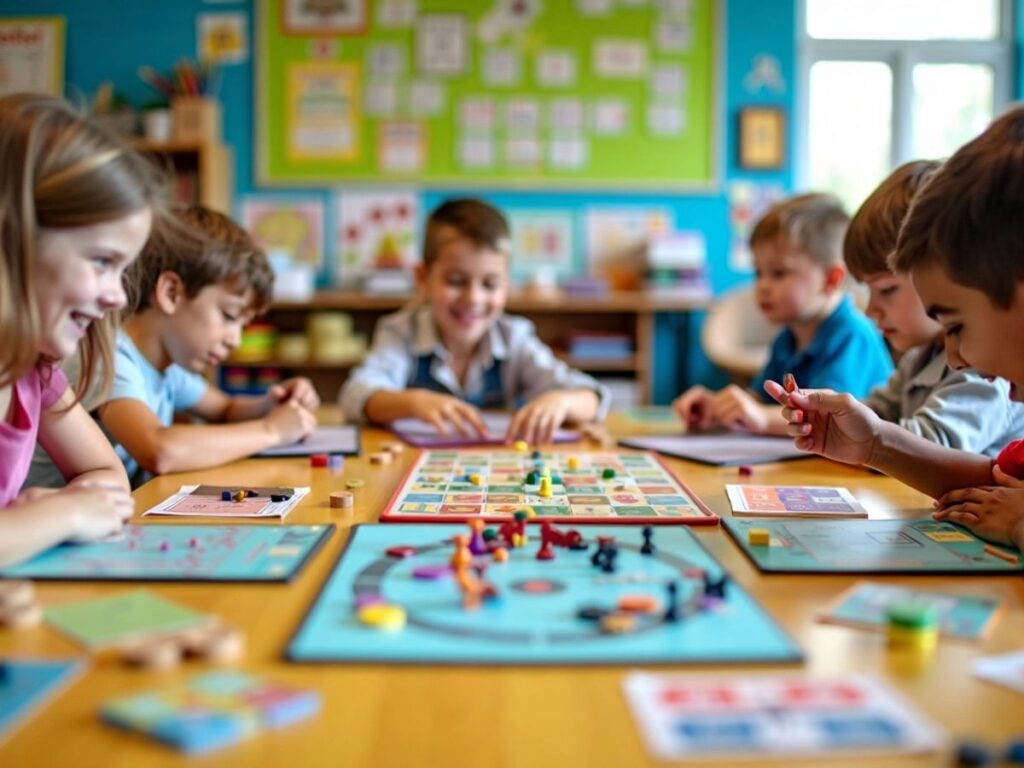 Crianças jogando jogos de tabuleiro na sala de aula.