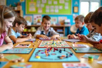 Crianças jogando jogos de tabuleiro na sala de aula.